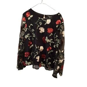 Dalia Blouse Top Women's Black Floral Sheer Flutter Long Sleeve Round Neck